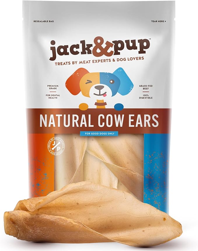 Jack&Pup Natural Cow Ears for Dogs Single Ingredient Dog Treat, Unbleached Healthy Dog Treats Natural Dog Treats for Medium Dogs with Chondroitin Joint Health for Dogs Cow Ear Dog Chews (15 Pack)
