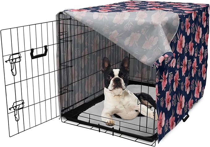Ambesonne Watercolor Dog Crate Cover, Nature Inspired Composition with Pink Garden Flora Vintage Petals, Easy to Use Pet Kennel Cover for Small Dogs Puppies Kittens, 22 Inch, Navy Blue Coral