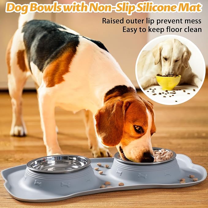 Hubulk Pet Dog Bowls 2 Stainless Steel Dog Bowl with No Spill Non-Skid Silicone Mat + Pet Food Scoop Water and Food Feeder Bowls for Feeding Small Medium Large Dogs Cats Puppies (Extra Large, Gray)