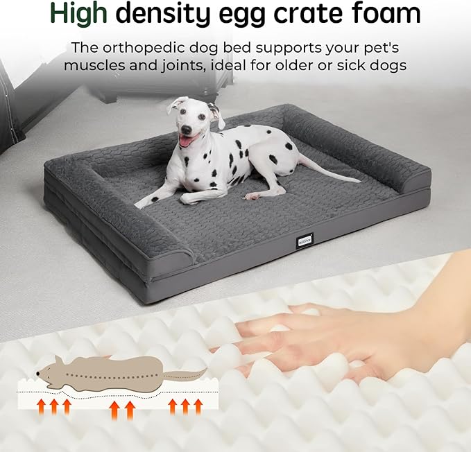 BALANCE Orthopedic Dog Bed, Egg Crate Foam Dog Couch for Pet Sleeping, Pet Sofa with Removable Washable Cover & Nonskid Bottom, Comfy Dog Bed for Extra Large Dog, Grey