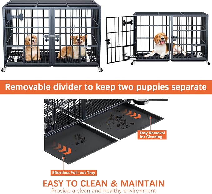 Dosker 42 inch Heavy Duty Metal Dog Crate Cage with Divider for 2 Dogs/Large Dog,All Metal Open Top Escape Proof Cage,Dog Kennel Indoor with Wheels,Floor Grid,Tray,Feeding Bowl