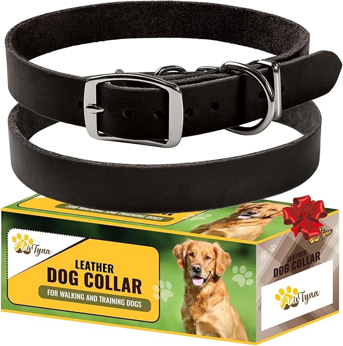 ADITYNA - Black Leather Dog Collar for Small Dogs - Classic Style, Soft and Strong, Heavy Duty, Top-Grain Leather, Handmade (S - Neck: 12-16 inches, Black)
