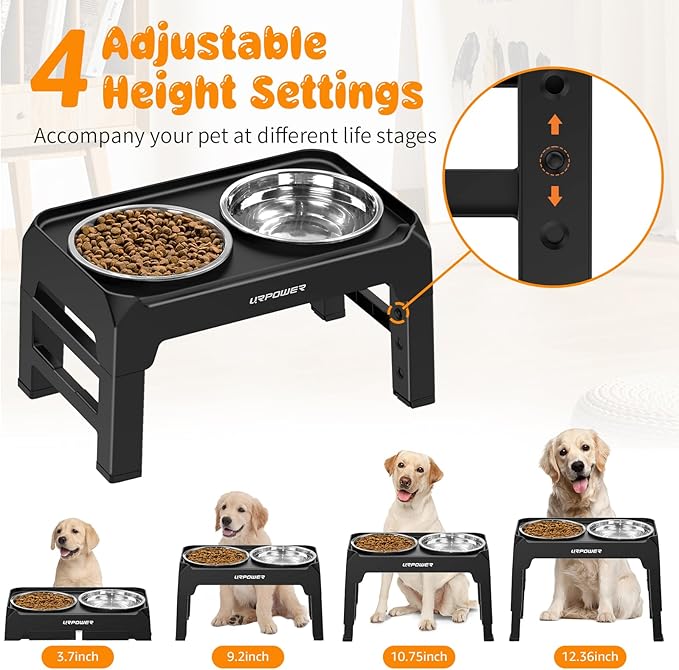 URPOWER 4 Height Adjustable Elevated Dog Bowls - 50oz Large Capacity Stainless Steel Bowls, No-Spill Edge, Non-Slip Stand for Small, Medium, Large Dogs & Pets