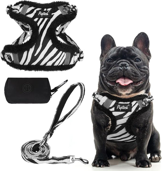 PUPTECK No Pull Dog Harness and Leash Set Reflective No Choke Step in Puppy Halter for XS Small and Medium Sized Dogs, White Zebra Print, Plush, M