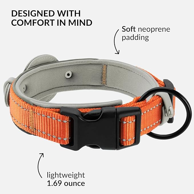 CollarDirect Airtag Dog Collar Reflective Nylon Neoprene Leather Holder for Apple Air Tag for Large, Medium, and Small Dogs (Orange, M, 13.5-16.5 Inch)