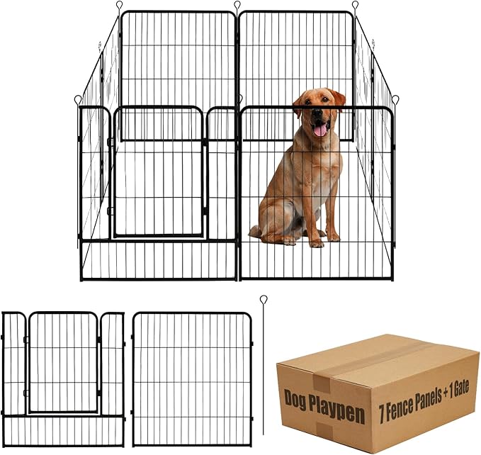 Dog Playpen,40 in(H) Pet Fence Outdoor for Rv Camping,Garden Fence Animal Barrie for Yard,Total 8 Panels with Gate 18.6Ft(L) Black Metal Temporary Fencing