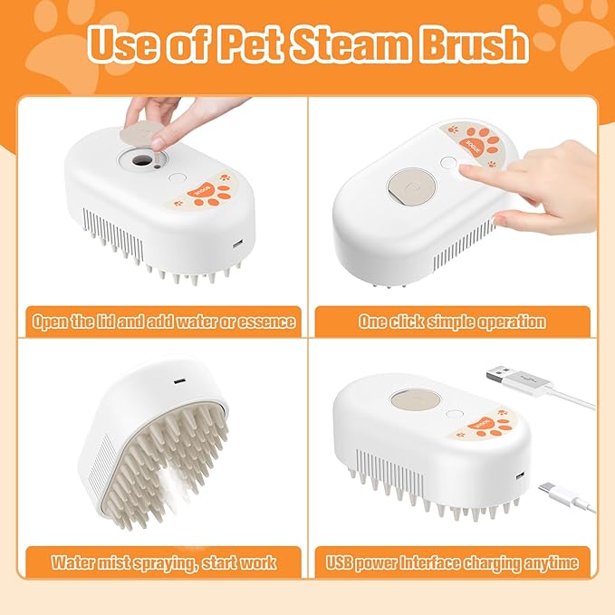 Cat Steam Brush,Silicone Dog Steamy Brushes,Rechargeable Pets Steam Brush for Dogs and Cats,Spritz Defur Comb for Cats,3 In 1 Pet Hair Remover Comb for Massage Grooming,Cleaning,Shedding White