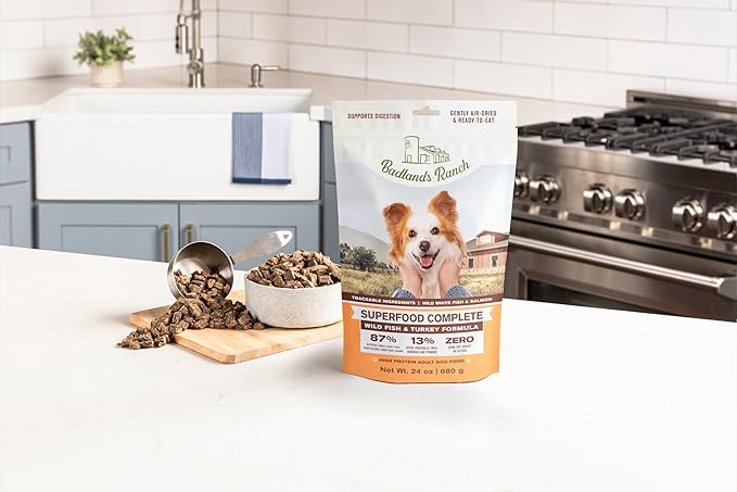 BADLANDS RANCH- Superfood Complete, Air-Dried Adult Dog Food - High Protein, Zero Fillers, Superfood Nutrition by Katherine Heigl (24 oz. Wild Fish and Turkey Formula)