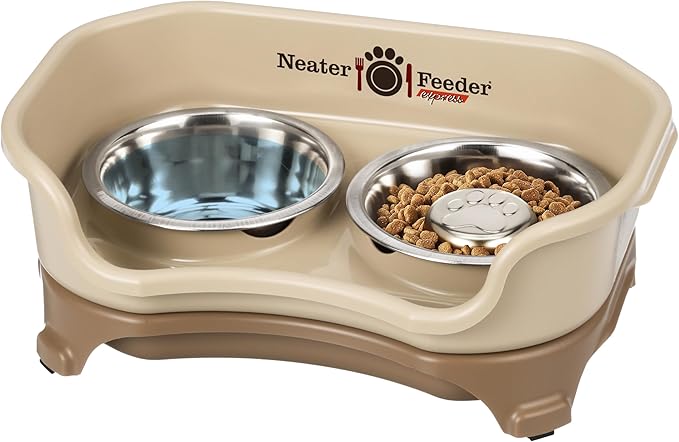 Neater Feeder Express Mess Proof Dog Bowls Elevated for Small Breed – Made in USA – No Spill Raised Slow Feeder Elevated Dog Bowl Stand, Stainless Steel Food and Water Bowl Set, Cappuccino