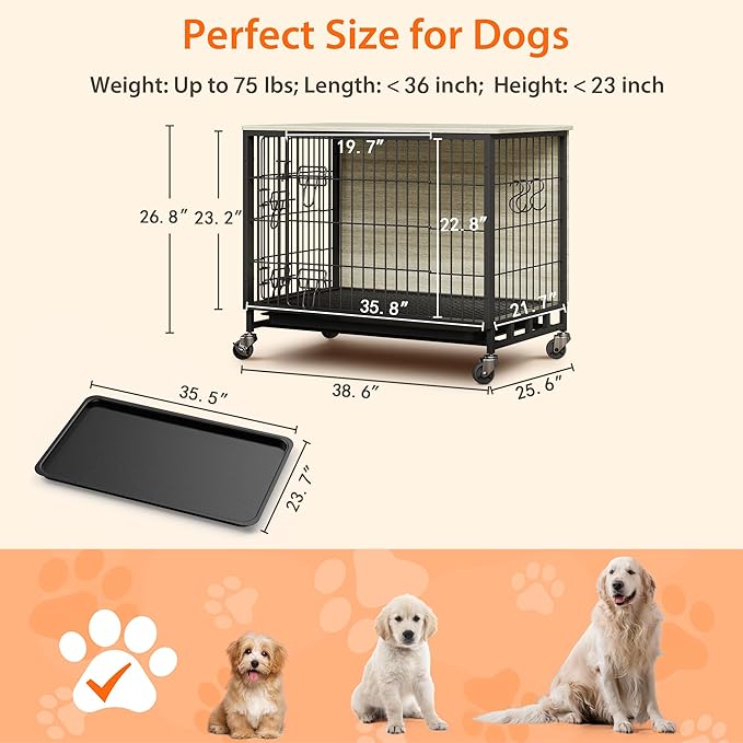 Dog Crate Furniture, 38.6" L Indoor Kennel with Double Doors, Wheels & Removable Tray, Sturdy Dog Cage with Easy Assembly, Rustic Grey