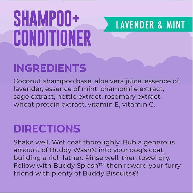 Buddy Grooming Wash 2 in 1 Dog Shampoo, Lavender & Mint, 16 oz. Bottle