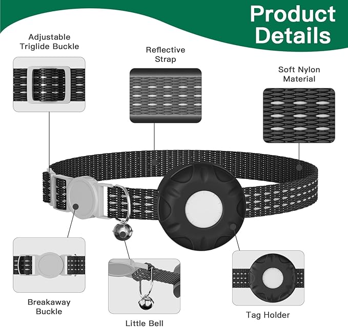Cat Tracker Collar,No Monthly Fee Tracking Pet Collar with Finder Tag,Compatible with Apple Find My(iOS Only),Breakaway Tractive Design with Reflective Pattern & Bell,Black