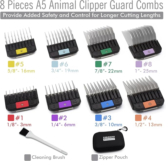 8 Pieces Professional A5 Style Animal Clipper Stainless Steel Color-Coded Snap-on Attachment Guard Guide Combs Set, 1/8"-1" Compatible with Wahl KM Series Oster A5 Andis Detachable Blade Pet Groomers