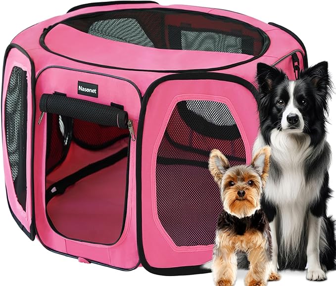 Dog Playpen, Cat Dog Crate Portable Pet Exercise Cage Kennel House Puppy Playpen Animal Playpen Indoor/Outdoor, Water-Resistant Kennel Tent with Traveling Bag (Pink, Medium)