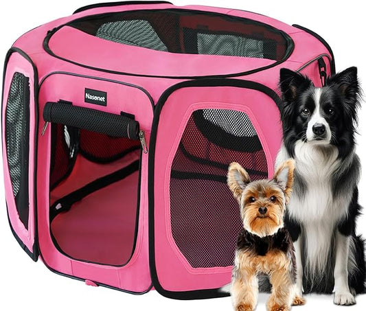 Dog Playpen, Cat Dog Crate Portable Pet Exercise Cage Kennel House Puppy Playpen Animal Playpen Indoor/Outdoor, Water-Resistant Kennel Tent with Traveling Bag (Pink, Medium)