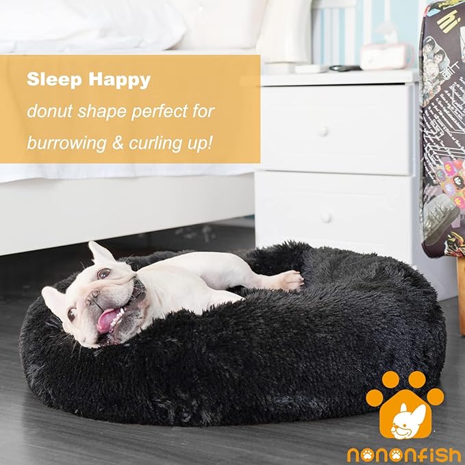 Black Dog Bed for Small Dogs Washble Calming Dog Bed for Small Dogs 23 Inch Fluffy Plush Black Dog Bed Round Donut Machine Washable Small Pet Bed.
