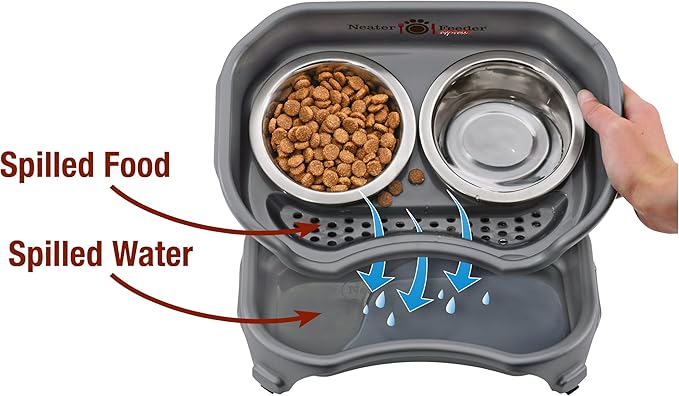 Neater Feeder Express Mess Proof Cat Bowls Elevated, No Spill Feeding Station, Stainless Steel Dishes for Food and Water, Raised Bowls for Indoor Cats, No Fatigue Whisker Friendly Dish, Grey