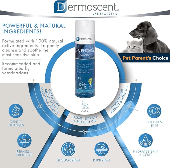 Dermoscent EFA Physio Shampoo for Dogs & Cats - Gentle Natural Ingredients for Frequent Bathing Allergies & Itchy Skin Relief - Soothes Dermatitis & Atopic Skin - 200 ml