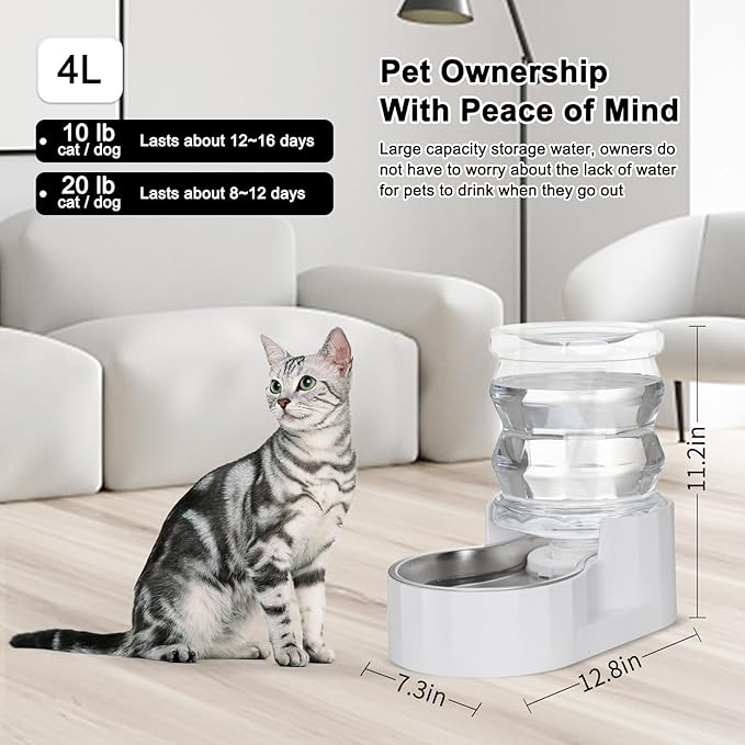 RIZZARI Automatic 4L Pet Waterer, Gravity Stainless Steel Water Dispenser, 100% BPA-Free, Large Capacity Water Feeder for Cats and Small and Medium-Sized Dogs