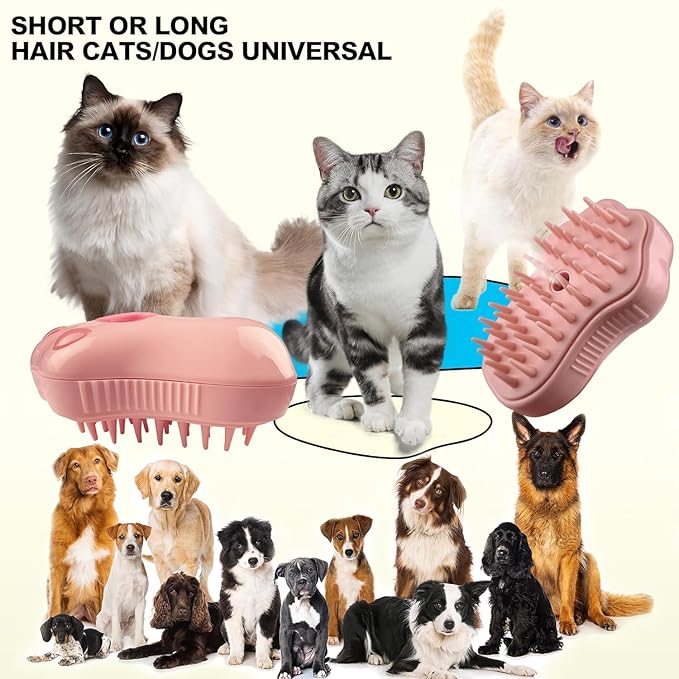 Pet Hair Brush with Mist Function, Pink - Ultimate Grooming Tool for Cats & Small and Medium-sized Dogs, Suitable for All Hair Types, Works with Dry Shampoo and Dander Removal