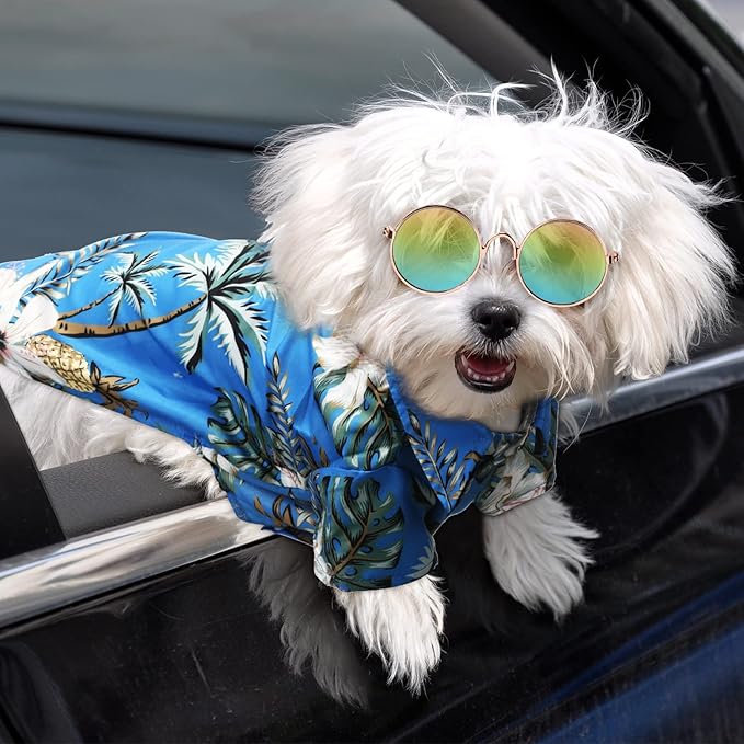 3 Pieces Pet Dog Hawaiian Costume, Includes Puppy Cool T-Shirts Summer Clothes, Funny Cute Dog Retro Fashion Sunglasses and a Colorful Wreath for Small to Medium pet(Blue Series)