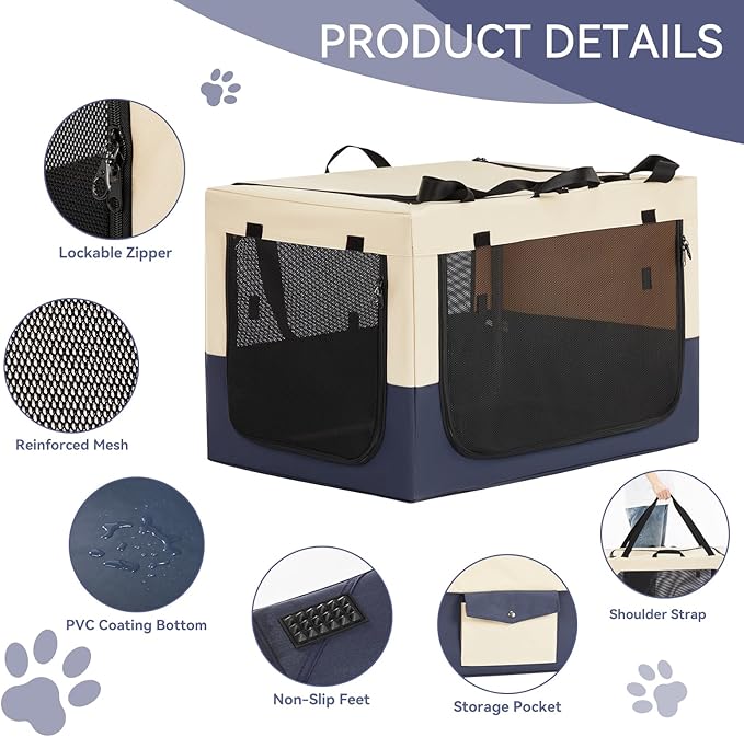 PETSFIT Soft Dog Crate, with Patented Adjustable Fabric Cover, Chewproof & Lockable Mesh Doors, Waterproof Base Collapsible Kennel Beige 36 Inch