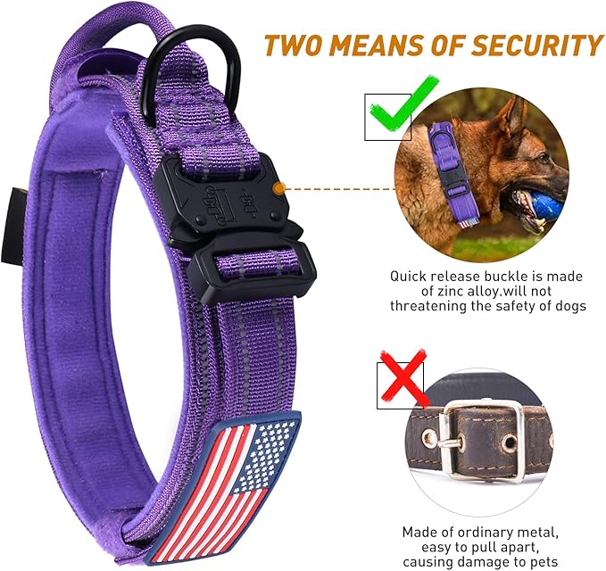 AUBELL Reflective Dog Collar, Tactical Dog Collar Adjustable Military Collar Nylon K9 Collars with Control Handle and Heavy Duty Metal Buckle for Small Medium Large Dogs, with 2 Patches (Purple, XL)