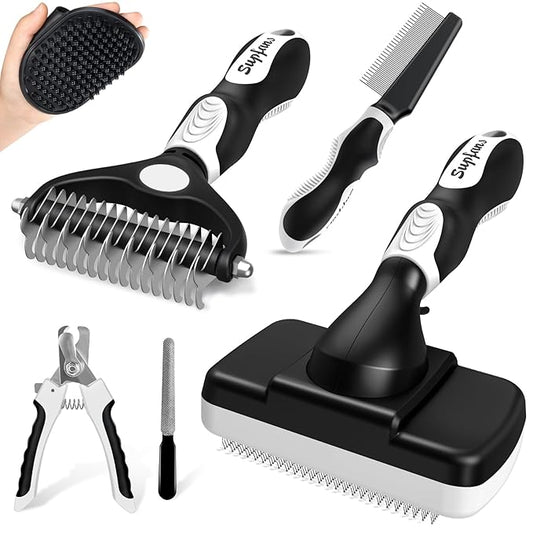 6 in 1 Pet Grooming Kit I Dog&Cat Comb I Dog/Cat Brush for Shedding I Deshedding Dog Brush I Dog/Cat Nail Clipper with Nail File I Pet Bath Brush I Premium Pet Supplies (Black White)