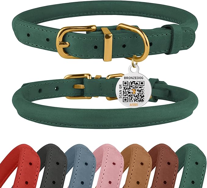 BRONZEDOG Rolled Leather Dog Collar with QR ID Tag Adjustable Soft Round Collars for Small Medium Large Dogs Puppy Cat (Emerald Green, 11" - 14 1/2" Neck Size)