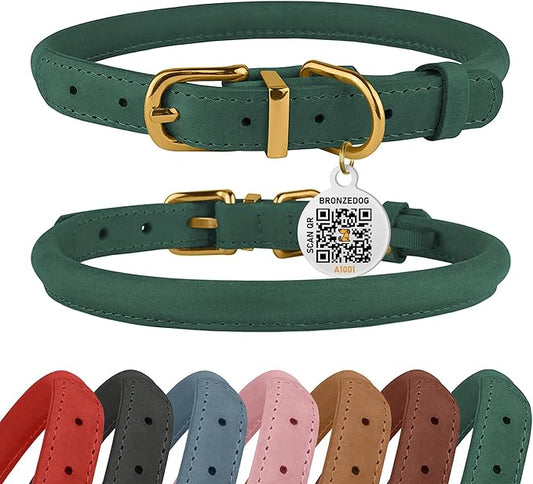 BRONZEDOG Rolled Leather Dog Collar with QR ID Tag Adjustable Soft Round Collars for Small Medium Large Dogs Puppy Cat (Emerald Green, 14-16 inch)