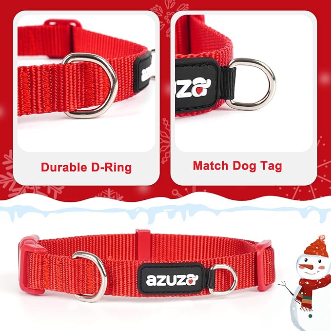 azuza 3 Pack Christmas Nylon Dog Collars Buffalo Check Durable and Comfortable Dog Collars with ID Tag Ring Adjustable for Small Dogs, S (11-16inch)