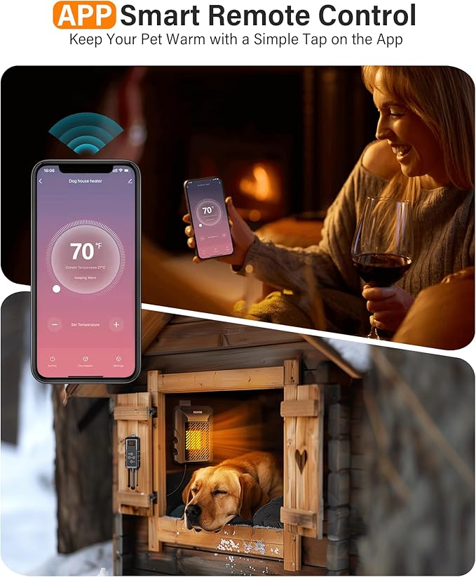 Dog House Heater with Thermostat APP WIFI Control,500W Dog House Heaters for Outside Doghouse Kennel, Outdoor Pet House Heater For Winter Outdoor, Safe Electric Heater,Adjustable Temp Timer