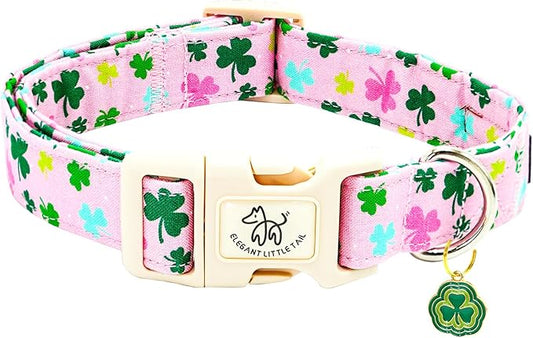 Elegant little tail St Patrick's Day Dog Collar-Lucky Colver Cotton Shamrock Pet Collar Trefoil Holiday Adjustable Cotton Pet Collar with Quick Release Buckle for Small Medium Large Dogs