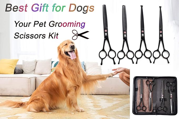 Dream Reach 7.0 Inches Professional Pet Cat Dog Grooming Shears Scissors, Straight, Curved, Thinning/Blending/Chunking Scissors Kit (4-Set Blunt Tip)