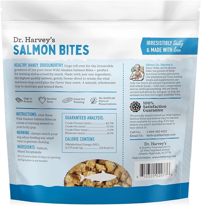 Dr. Harvey's Wild Alaskan Salmon Bites Freeze Dried Dog Training Treats with Salmon Meat for Dogs, 7 Ounces
