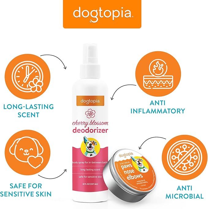 3-in-1 Paw Balm & Deodorizer Spray - Between Baths Bundle for Pets | Moisturizing Balm for Cracked Skin (2oz) & Long-Lasting Cherry Blossom Odor Eliminator (8oz) for Dogs & Cats