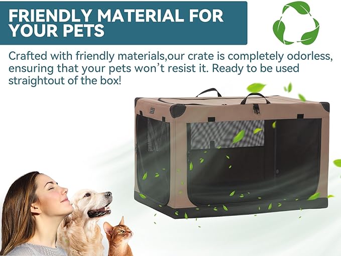 PETSFIT Collapsible Dog Crate, Portable Dog Crate-36 Inch Lightweight, Easy Setup, Sturdy, Adjustable Framework with 3 Mesh Door, Soft Dog Kennel Indoor Khaki