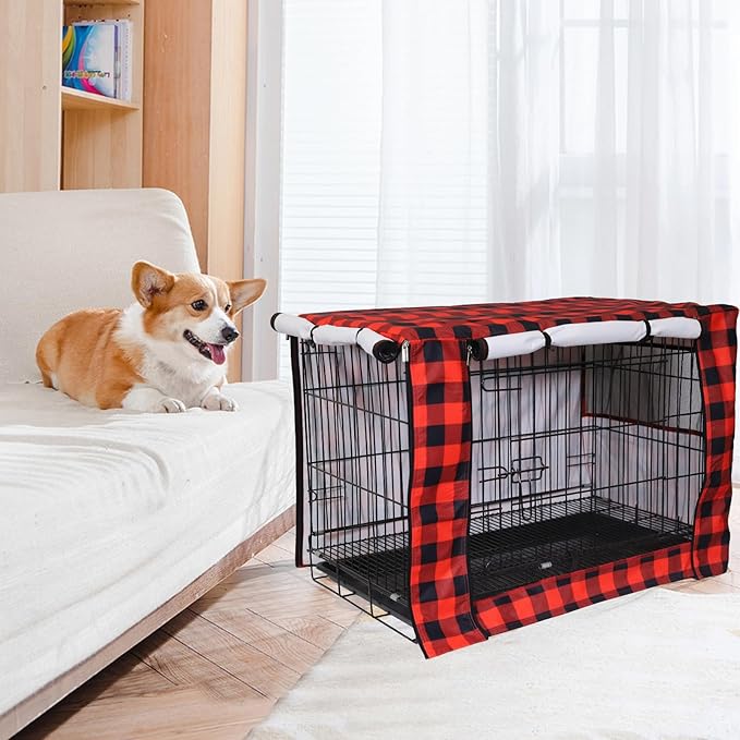 Pethiy Dog Crate Cover Durable Polyester Pet Kennel Cover Universal Fit for Wire Dog Crate - Fits Most 48 inch Dog Crates - Cover only-Red Plaid-48
