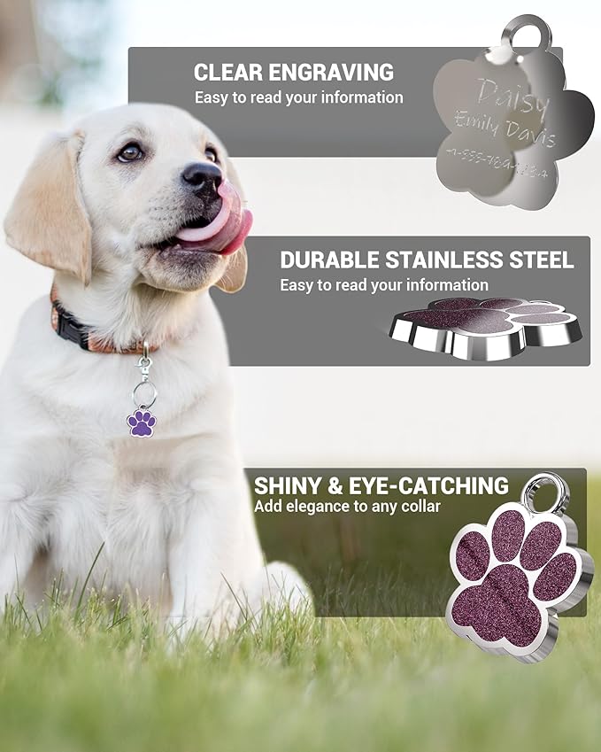 72 Pcs Dog Tags Personalized for Pets Glitter Paw Print Stainless Steel Dog Tag Cute Dog Name Tag Bulk Dog Tags Cat Tags for Wholesale （12 Colors）