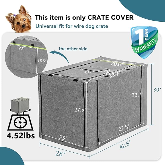 PETSFIT Dog Crate Cover,42 Inch Kennel Cover for Wire Dog Crate, Double Doors, Mesh Window, Flap On The Top and Back is Detachable, Dog Cage Cover Grey