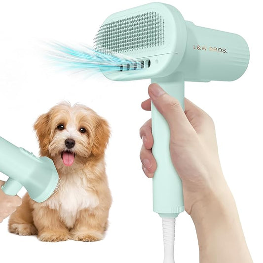 L&W BROS. Low Noise Pet Blow Dryer with Slicker Brush - Adjustable Temperature, Overheating Protection for Grooming (Light Blue)