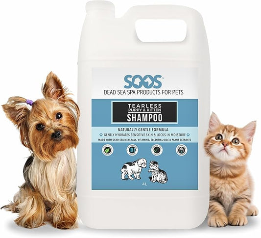 Soos Pets Pet Shampoo Natural Dead Sea Tear-Less Fast Absorbing with Vitamins Minerals Essential Oils Natural Elements for Puppy and Kitten - 1x Pet Shampoo (4L / 1.32 gal)
