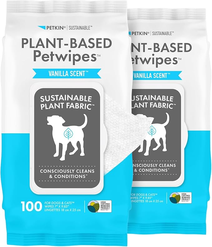 Petkin Plant-Based PetWipes, 100 Wipes, 2 Pack - Biobased, Sustainable, Big & Thick Pet Wipes for Dogs & Cats - for Face, Paws, Ears, Body & Eye Area - Consciously Cleans & Conditions - Vanilla