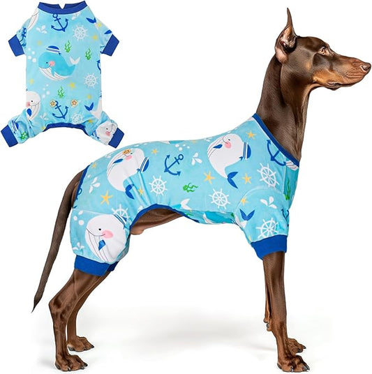 KYEESE Dog Pajamas Velvet Dog Pajamas Large Sized Dogs Soft Dogs Clothes Pjs with Whale Pattern Stretchy Pet Jammies Coat Comfy Pet Onesie Costume, 3X-Large