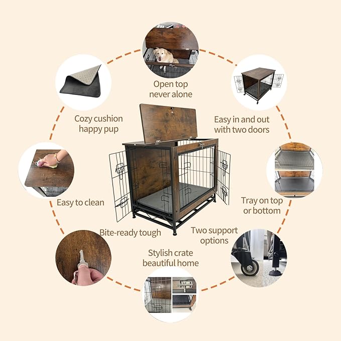 Dog Crate Furniture for Medium Dogs, Decorative Wooden Dog Kennel Cage House Indoor for Puppy Pet with Tray Cushion Foldable Top, Storage Playpen, End Side Table, Medium,31" L,Rustic Brown