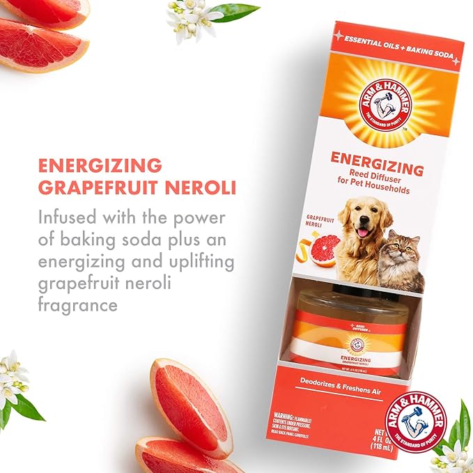 Arm & Hammer for Pets Air Care Energizing Reed Diffuser for Pets | 4 FL Oz Grapefruit Neroli Reed Diffuser to Eliminate Pet Odors | Reed Diffuser for Easy and Effective Pet Odor Elimination