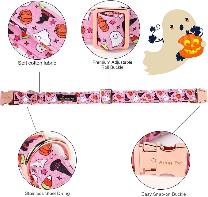 ARING PET Halloween Dog Collar-Cotton Pink Pumpkin Dog Collar with Bow, Adjustable Halloween Themed Bowtie Dog Collars Pet Necklace with Metal Buckle for Girl&Boy Dogs