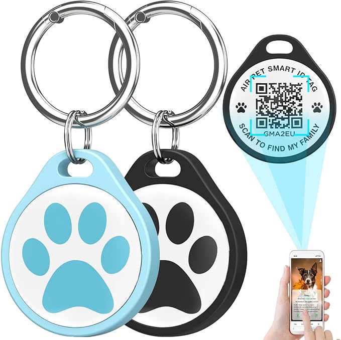 ADVENTUREMORE AIR Pet ID Tag-2pcs QR Code Tag & Smart ID Tag Small Personalized Name Plate with Online Profile - Dog Cat Tag Scan QR Receive Instant Pet Location Alert Email