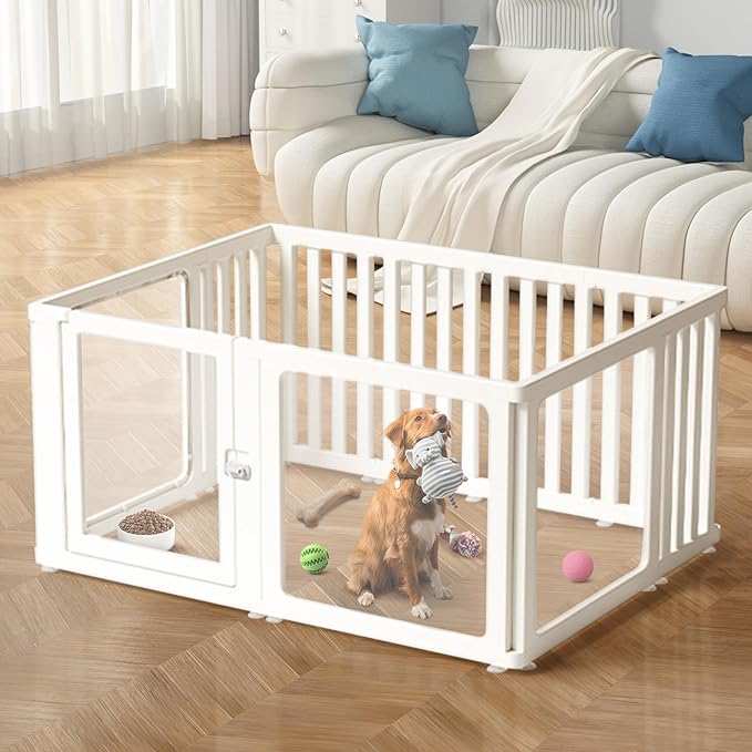 Dog Fence Pet Playpen, Clear Dog Playpen, Easy to Install and Remove Dog Playpen and Kennel Playpen, Suitable for Dogs, Cats, Rabbits, Indoor pet playpen with Transparent Panels（10 Panel）