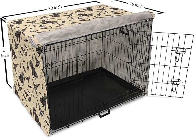 Lunarable Halloween Dog Crate Cover, Sketch Drawn Bat Cat Spider Witch Hat and Broom Pattern, Easy to Use Pet Kennel Cover for Cats & Medium Dogs, 30 Inch, Grey Beige Charcoal